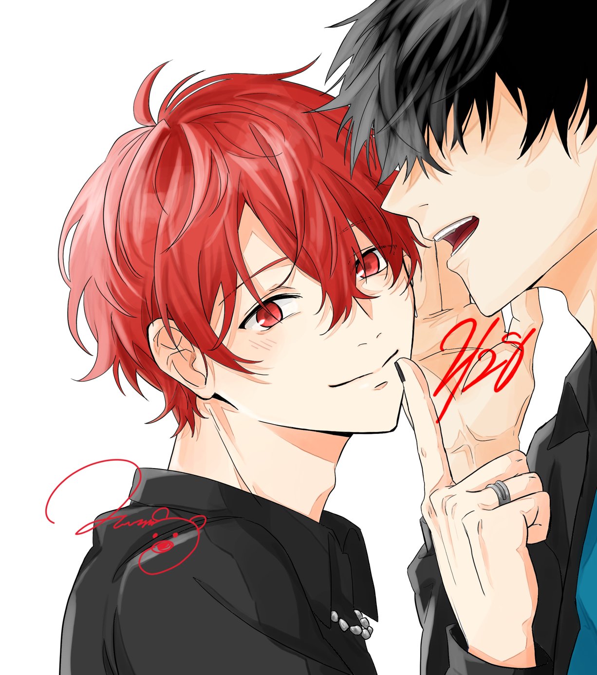 2boys black_hair black_jacket black_nails black_shirt closed_mouth collared_shirt given hair_over_eyes highres implied_yaoi jacket jewelry kumasann1212 light_blush looking_at_viewer male_focus multiple_boys nail_polish necklace open_mouth parted_lips pearl_necklace portrait red_eyes redhead ring satou_mafuyu shirt signature simple_background smile teeth uenoyama_ritsuka white_background