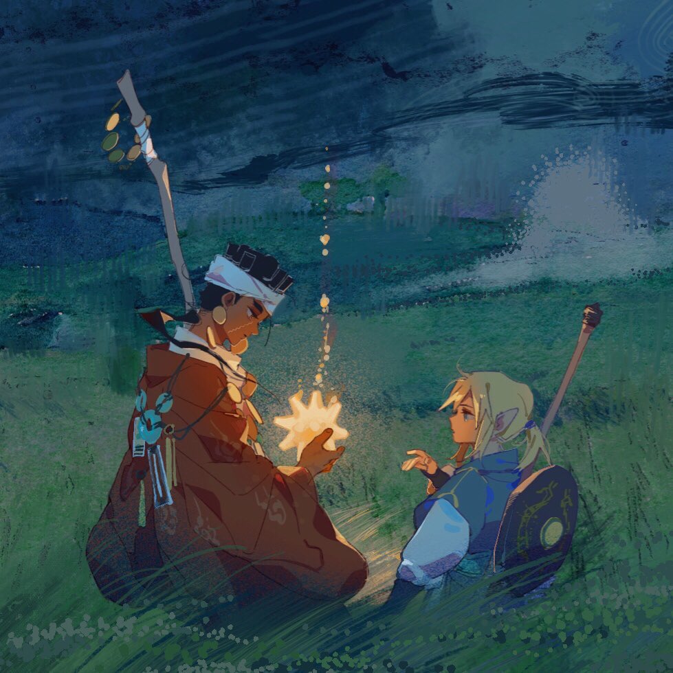 2boys blue_shirt coat coin_(ornament) commentary crossover earrings english_commentary field flower from_behind glowing grass hand_up headband height_difference holding jewelry jojo_no_kimyou_na_bouken layered_sleeves link long_hair long_sleeves looking_at_another male_focus mohammed_avdol mr_sangel multiple_boys nature necklace night night_sky outdoors pointy_ears ponytail profile red_coat robe shield shield_on_back shirt short_hair short_over_long_sleeves short_sleeves sidelocks sky stardust_crusaders the_legend_of_zelda turtleneck weapon weapon_on_back white_robe white_shirt