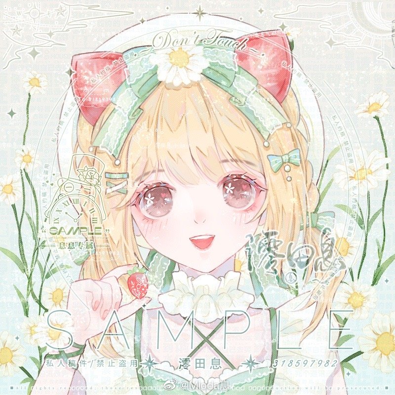 1girl arm_ribbon blonde_hair bow brown_eyes chinese_commentary choker commentary_request criss-cross_straps daisy eyelashes fingernails floral_background flower flower_in_eye food food-themed_hair_ornament frilled_choker frilled_shirt frills fruit gradient_background green_background green_bow green_ribbon green_shirt hair_flower hair_ornament hairclip hat hat_bow lace-trimmed_bow lace_trim light_blush long_hair looking_at_viewer mioda_xi open_mouth original pink_nails puffy_short_sleeves puffy_sleeves ribbon sample_watermark shirt short_sleeves smile solo strawberry strawberry_hair_ornament strawberry_slice symbol_in_eye teeth upper_body upper_teeth_only watermark weibo_logo weibo_username white_choker white_flower white_headwear white_sleeves x_hair_ornament