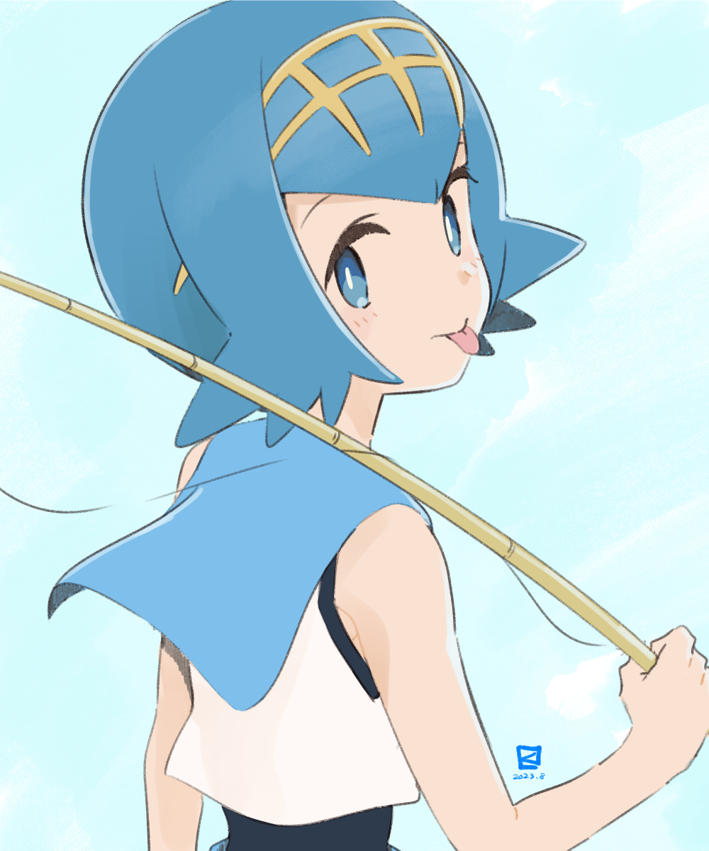 1girl :p blue_eyes blue_hair blue_sailor_collar bright_pupils fishing_rod hairband highres holding holding_fishing_rod lana_(pokemon) looking_at_viewer miyahara_takuya pokemon pokemon_sm sailor_collar short_hair smile solo tongue tongue_out upper_body yellow_hairband