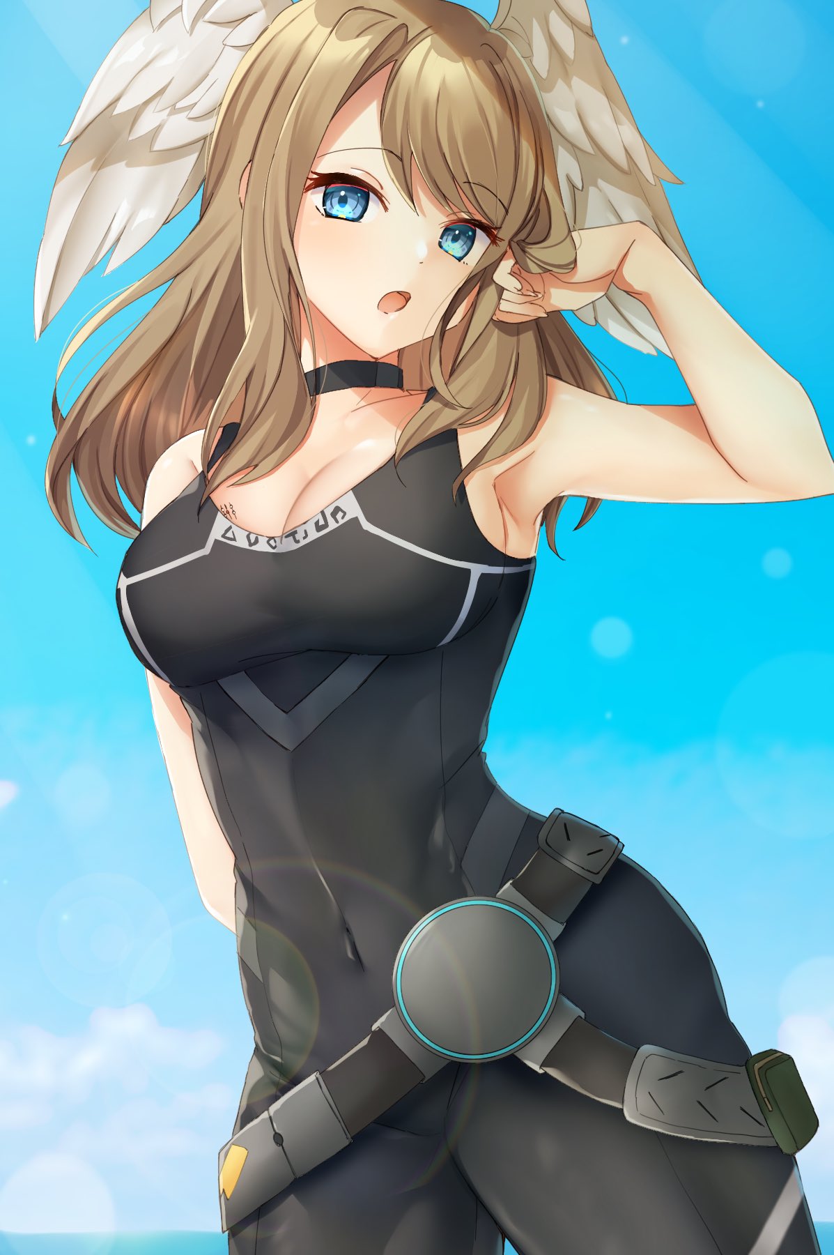 1girl armpits belt black_bodysuit blue_pupils bodysuit breast_tattoo edamameoka eunie_(xenoblade) head_wings highres long_hair looking_at_viewer open_mouth solo tattoo white_wings wings xenoblade_chronicles_(series) xenoblade_chronicles_3