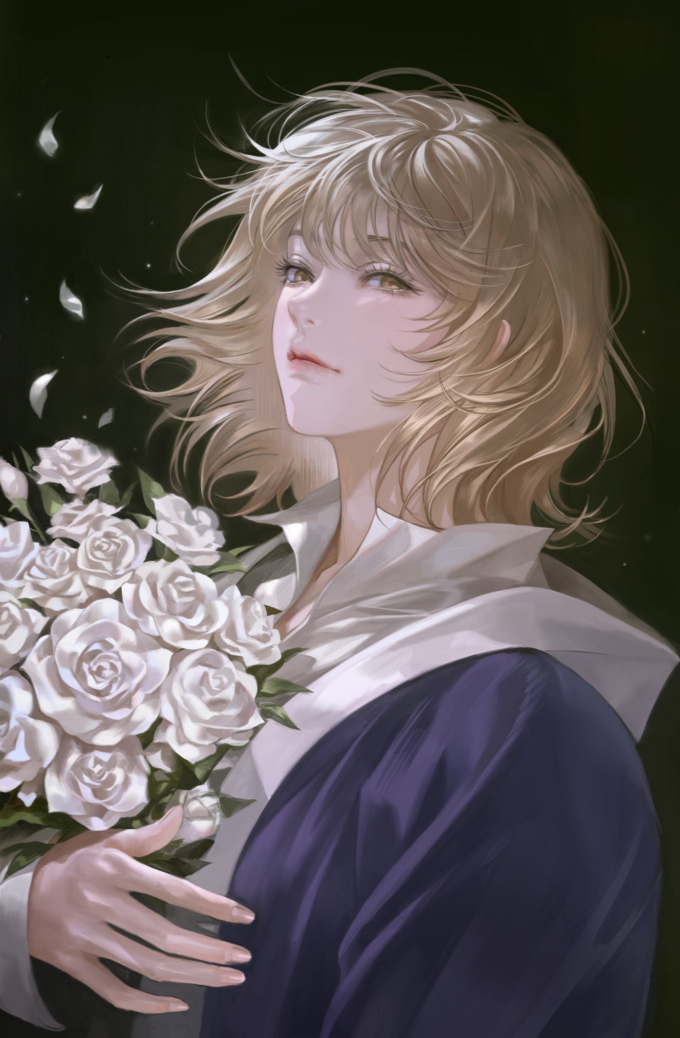 1girl blonde_hair blue_jacket bouquet brown_background closed_mouth dungeon_meshi falin_thorden falling_petals floating_hair flower hand_up highres holding holding_bouquet jacket korean_commentary light_smile long_sleeves looking_at_viewer mandaring0 no_headwear petals rose shirt short_hair simple_background solo upper_body white_flower white_rose white_shirt yellow_eyes