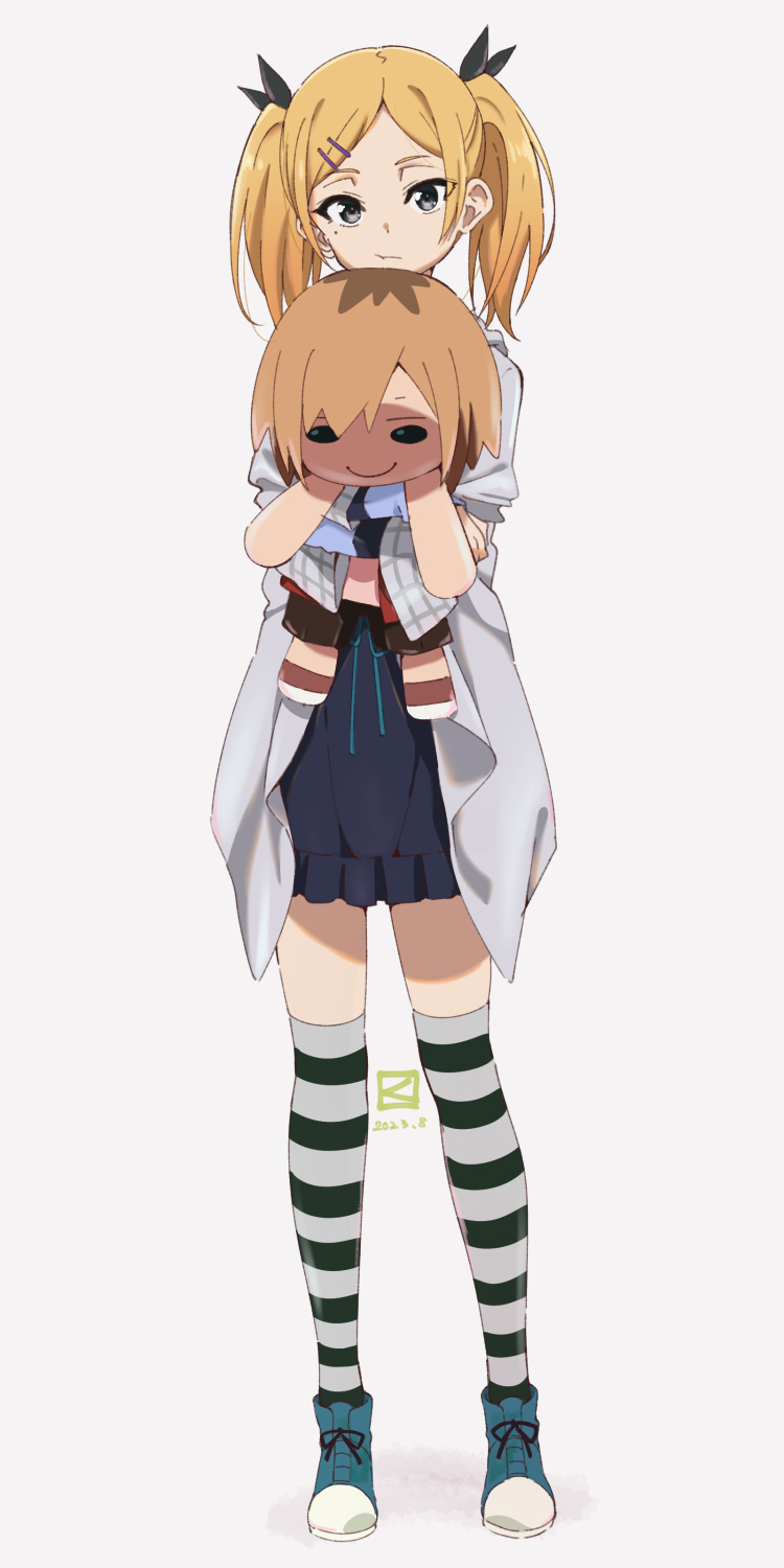1girl :/ blonde_hair cardigan character_doll commentary_request dress full_body grey_eyes hair_ornament hairclip highres holding holding_stuffed_toy looking_at_viewer miyahara_takuya miyamori_aoi mole mole_under_eye open_cardigan open_clothes shirobako shoes sneakers solo striped_clothes striped_thighhighs stuffed_toy thigh-highs twintails yano_erika