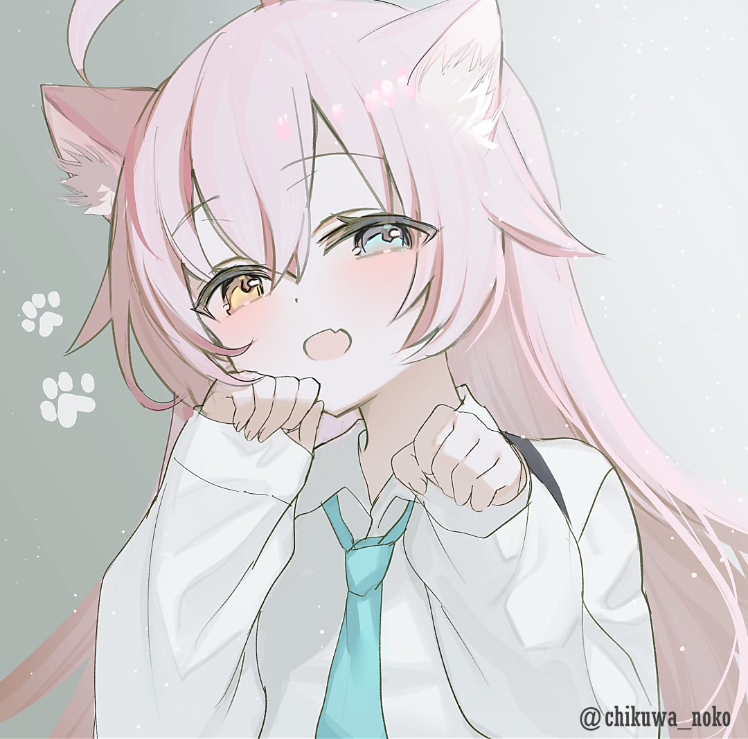 1girl ahoge animal_ear_fluff animal_ears blue_archive blue_eyes blue_necktie blush cat_ears collared_shirt commentary double-parted_bangs fang fingernails gradient_background hair_between_eyes hands_up heterochromia hoshino_(blue_archive) kemonomimi_mode long_hair long_sleeves narusegawa_riko necktie no_halo paw_pose paw_print pink_hair portrait shirt skin_fang sleeves_past_wrists solo twitter_username white_shirt yellow_eyes