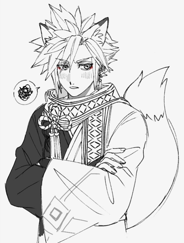 1boy animal_ears blush cloud_strife cloud_strife_(official_festive_garb) commentary cropped_torso dangle_earrings earrings final_fantasy final_fantasy_vii final_fantasy_vii_ever_crisis final_fantasy_vii_remake fox_boy fox_ears fox_tail grey_background japanese_clothes jewelry kimono looking_down looking_to_the_side male_focus monochrome mtr_dayoo parted_lips scarf short_hair simple_background solo spiky_hair spoken_squiggle spot_color squiggle tail tassel tassel_earrings upper_body