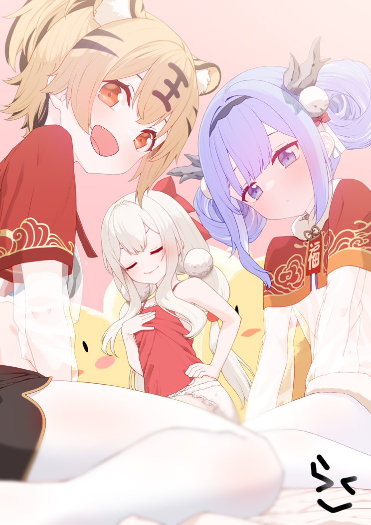 3girls animal_ears apron azur_lane black_shorts bloomers blue_eyes blue_hair bow brown_eyes brown_hair capelet closed_eyes double_bun dragon_girl dragon_horns dress fang fei_yuen_(azur_lane) fei_yuen_(flying_clouds_flailing_pranks)_(azur_lane) hair_bow hair_bun hair_ornament hairband hand_on_own_chest hand_on_own_hip horns hu_pen_(azur_lane) hu_pen_(prancing_tiger_welcomes_the_spring)_(azur_lane) long_hair looking_at_viewer low_twintails lung_wu_(ascendant_dragon's_spring_feast)_(azur_lane) lung_wu_(azur_lane) manjuu_(azur_lane) multiple_girls official_alternate_costume open_mouth pantyhose pom_pom_(clothes) pom_pom_hair_ornament prophecy_(rakuichimonji) red_apron red_capelet red_shirt ribbon see-through see-through_dress shirt short_hair short_shorts shorts sitting smile thighs tiger_ears tiger_girl twintails white_bloomers white_dress white_hair white_pantyhose