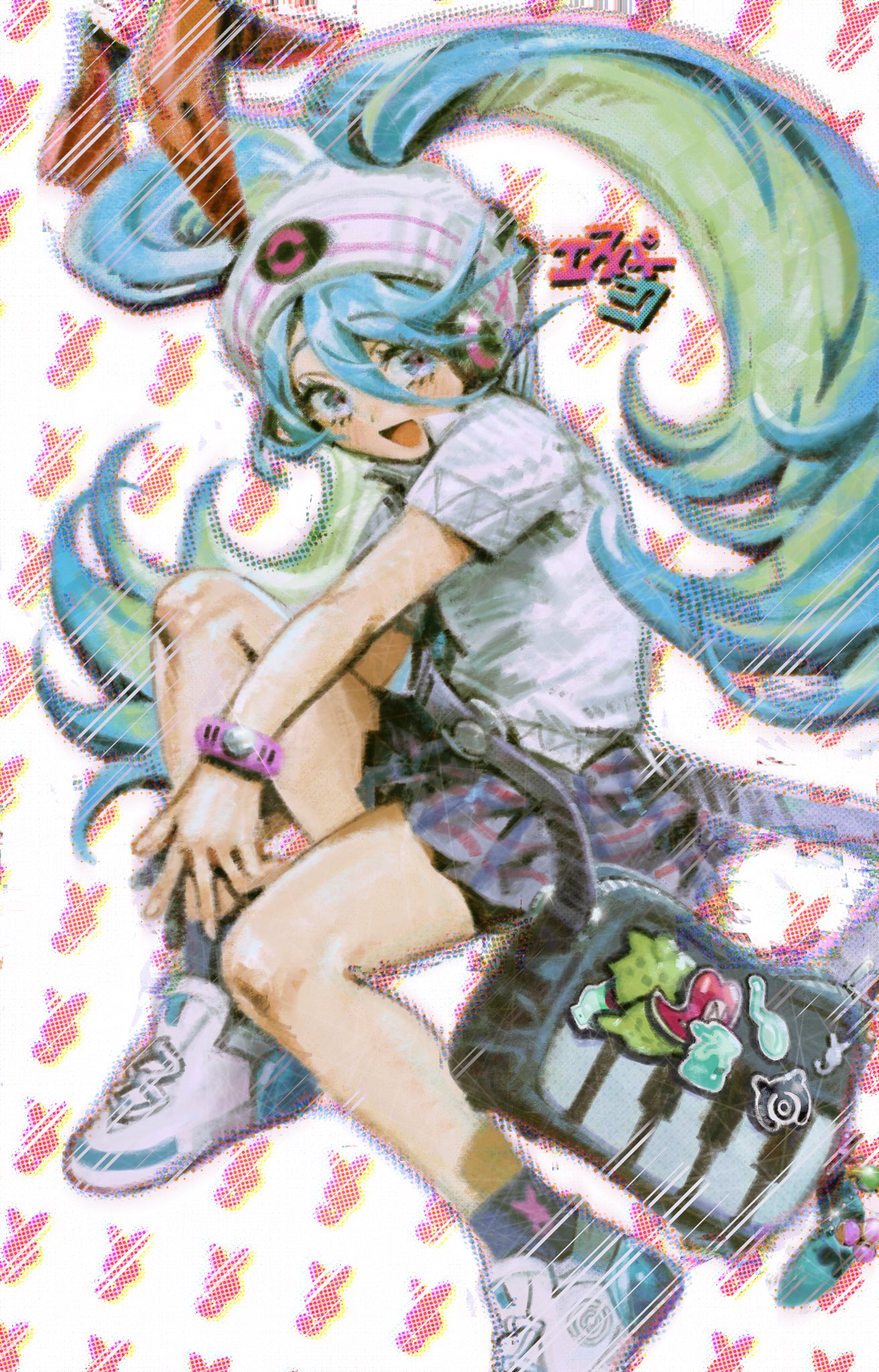 1girl :d bag beanie bracelet collared_shirt creatures_(company) eyelashes game_freak gloves green_eyes green_hair grey_skirt hair_between_eyes hat hatsune_miku highres hott0g111 instrument jewelry keyboard_(instrument) long_hair nintendo open_mouth pink_background pleated_skirt pokemon project_voltage psychic_miku_(project_voltage) shirt shoes short_sleeves shoulder_bag single_glove skirt smile socks solo tongue twintails vocaloid white_footwear white_gloves white_headwear white_shirt