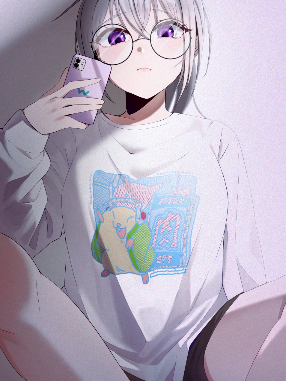 1girl black_shorts cellphone closed_mouth glasses grey_hair highres holding holding_phone indian_style ine_(vtuber) long_hair long_sleeves looking_at_viewer phone ponytail print_shirt round_eyewear shirt short_shorts shorts sitting smartphone sobayaki18 solo violet_eyes virtual_youtuber waktaverse white_shirt