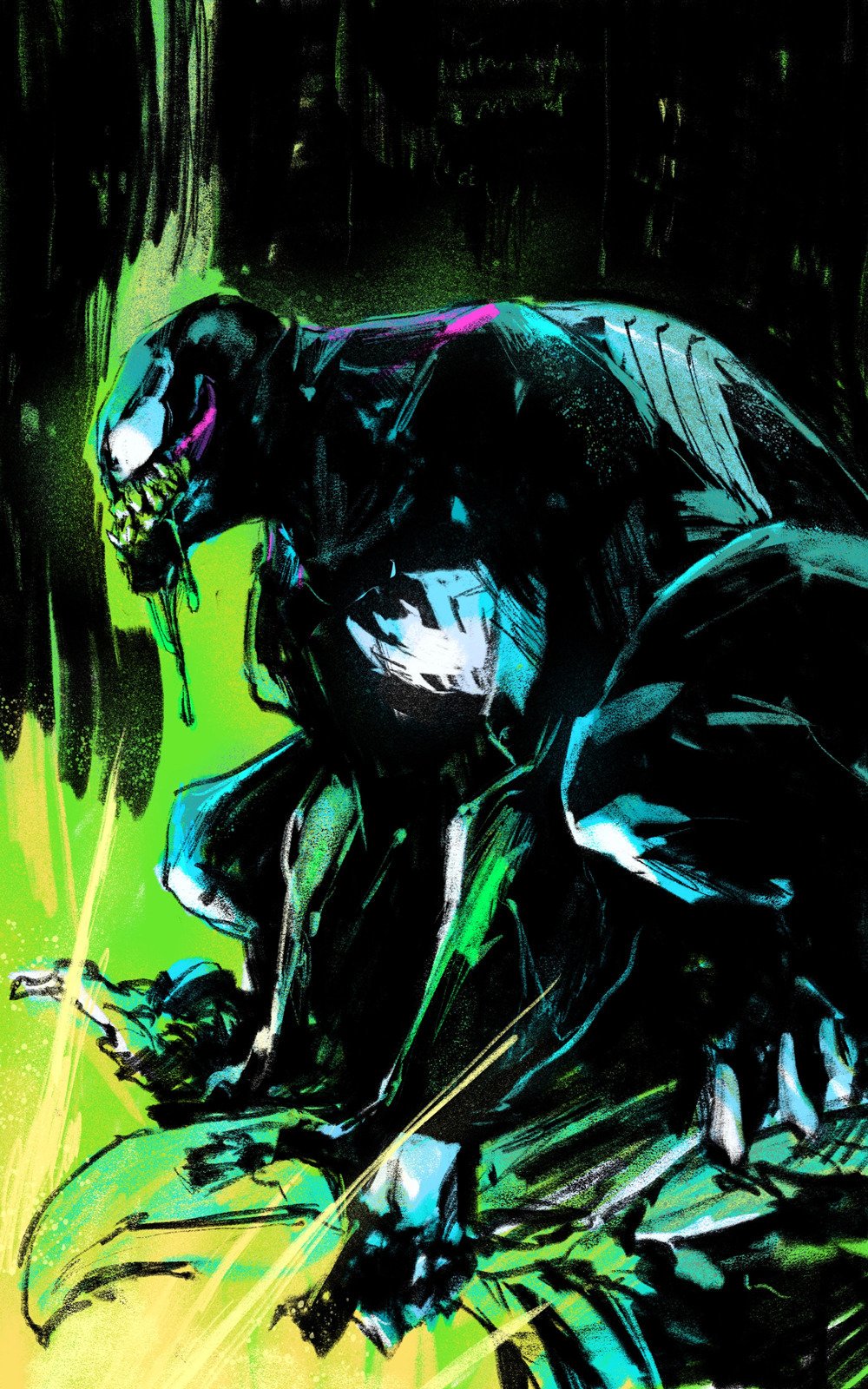 1boy alien animal_print bald black_background chun_lo drooling from_side green_background highres male_focus marvel multicolored_background perching saliva sharp_teeth solid_eyes solo spider-man_(series) spider_print squatting superhero symbiote teeth venom_(marvel) white_eyes