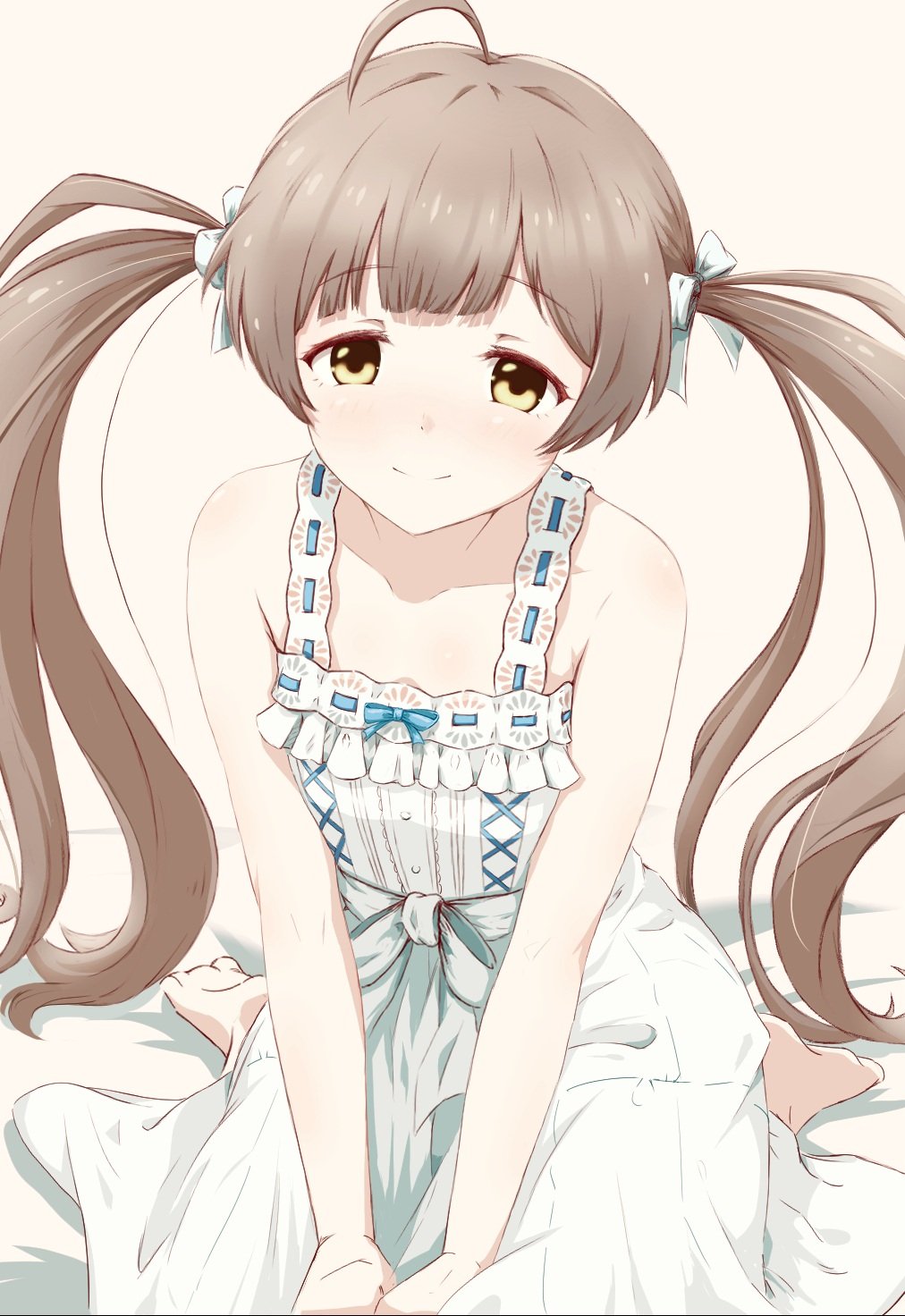 1girl ahoge arm_support barefoot bed_sheet brown_hair buttons collarbone commentary_request cross-laced_clothes cross-laced_dress drapitz dress flat_chest frilled_dress frills hair_ribbon hakozaki_serika highres idolmaster idolmaster_million_live! light_blush long_hair looking_at_viewer on_bed ribbon sitting smile solo twintails wariza white_background white_dress white_ribbon yellow_eyes
