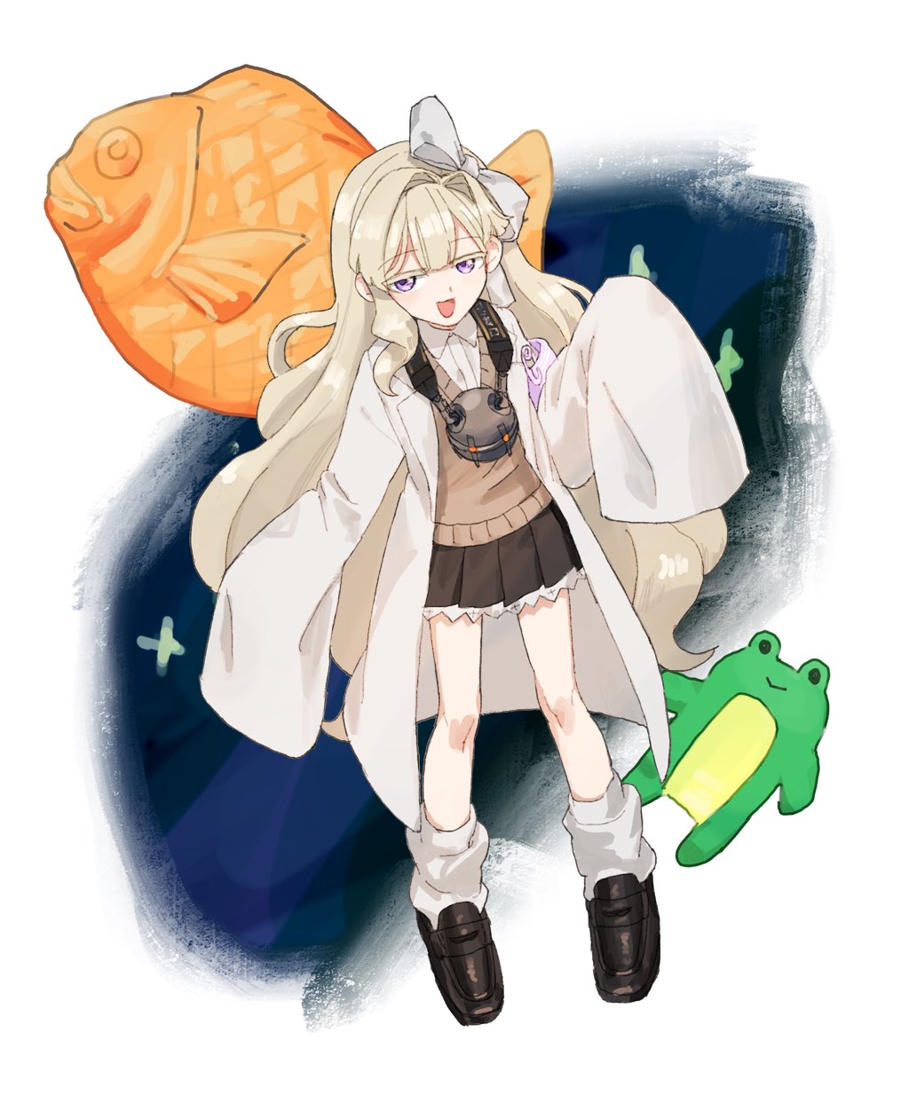 1girl :d armband black_footwear black_skirt blonde_hair bow brmtzz brown_sweater_vest erimo_kudryavka food frog full_body hair_bow highres indie_virtual_youtuber lab_coat loafers looking_at_viewer loose_socks miniskirt open_mouth pleated_skirt safety_pin shoes skirt sleeves_past_fingers sleeves_past_wrists smile socks solo sweater_vest taiyaki violet_eyes wagashi white_background white_bow white_socks