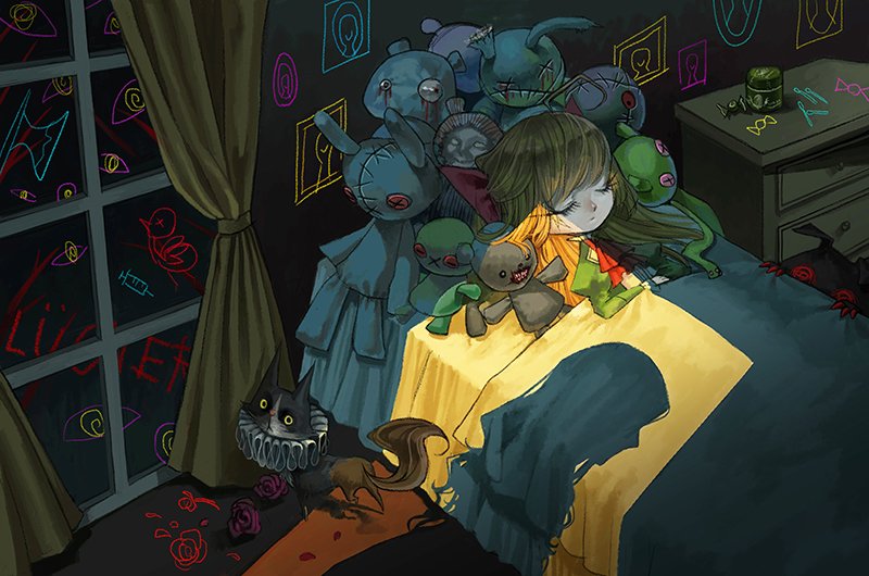 1girl ascot bed bow bowtie brown_hair cat closed_eyes closed_mouth curtains dress elisabeth_faust fausts_alptraum flower green_dress hair_bow iro_dang long_hair monster official_art on_bed puffy_sleeves red_ascot red_bow red_bowtie red_flower shadow sleeping stuffed_animal stuffed_rabbit stuffed_toy very_long_hair window