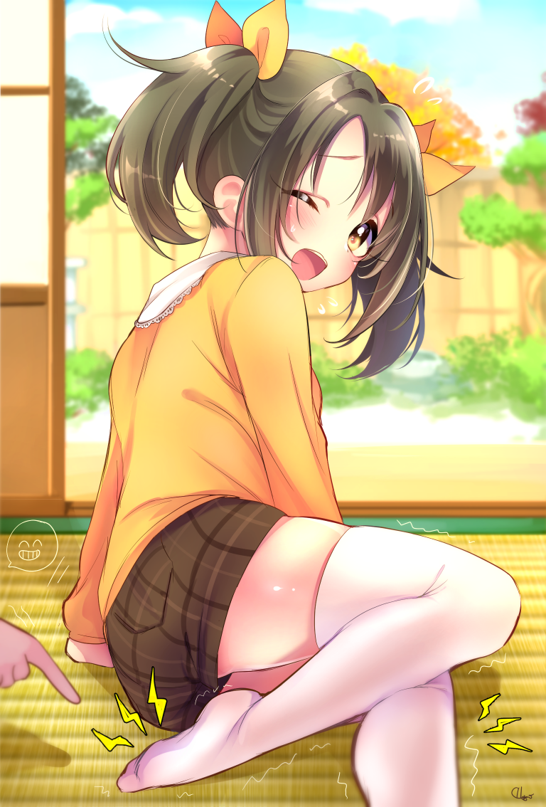 1girl 1other arm_support blue_sky blurry blurry_background blush bow breasts brown_eyes brown_hair brown_shorts clouds day dot_nose fence from_behind hair_bow hair_ribbon idolmaster idolmaster_cinderella_girls idolmaster_cinderella_girls_starlight_stage imai_kana jamu long_hair long_sleeves looking_at_viewer looking_back medium_breasts motion_lines one_eye_closed open_mouth paralyzed plaid plaid_shorts ribbon shirt shorts signature sitting sky speech_bubble tatami teeth thigh-highs tree twintails upper_teeth_only veranda white_thighhighs wooden_fence yellow_ribbon yellow_shirt
