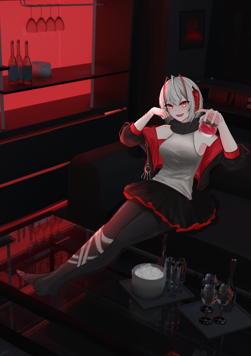 1girl alcohol antennae arknights black_gloves black_jacket black_pantyhose black_scarf bottle breasts couch cup demon_girl demon_horns drinking_glass fingerless_gloves gloves grey_hair grey_shirt highres horns jacket looking_at_viewer myb52 on_couch open_clothes open_jacket pantyhose red_eyes red_nails scarf shirt short_hair sitting skirt smile solo w_(arknights) wine wine_bottle wine_glass