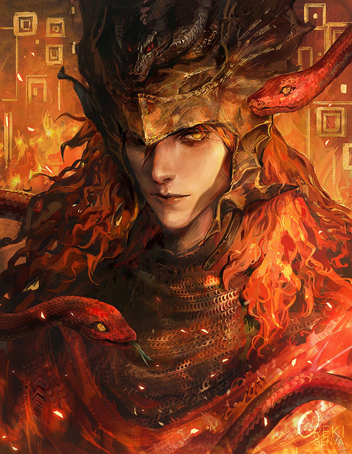 1boy armor artist_name burning chainmail dragon dragon_ornament elden_ring elden_ring:_shadow_of_the_erdtree embers fire forked_tongue helmet highres long_hair looking_at_viewer messmer_the_impaler one_eye_closed oreki_genya ornate ornate_armor red_eyes red_robe red_snake redhead robe slit_pupils snake snake_on_shoulder solo tongue winged_helmet yellow_eyes