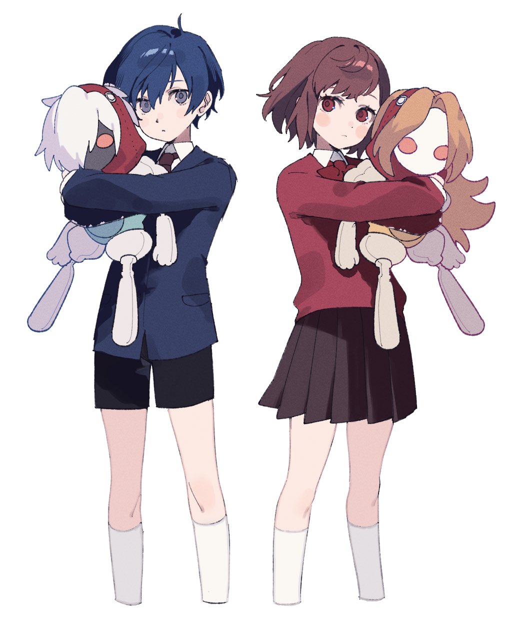 aged_down black_shorts blue_eyes blue_hair blue_jacket brown_hair closed_mouth collared_shirt hair_between_eyes highres holding holding_stuffed_toy jacket kneehighs long_sleeves looking_at_viewer m0rtalcoil0 orpheus_(persona) persona persona_3 persona_3_portable pleated_skirt red_eyes shiomi_kotone shirt short_hair shorts simple_background skirt socks stuffed_toy white_background white_shirt white_socks yuuki_makoto_(persona_3)