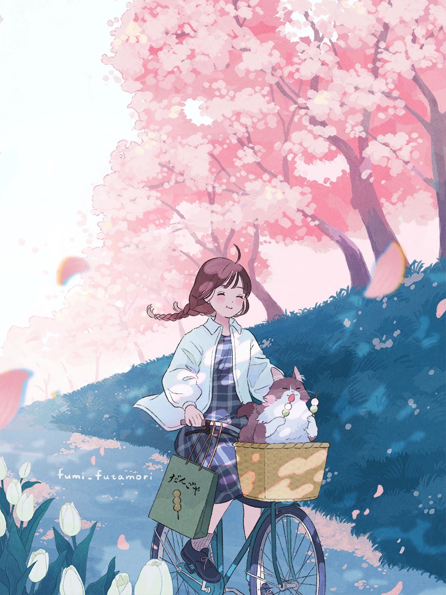 1girl ahoge artist_name bag bicycle black_dress black_footwear blush brown_hair brown_socks cat cherry_blossoms closed_mouth collared_shirt day dot_nose dress facing_viewer falling_petals flower full_body fumi_futamori grass highres landscape long_hair long_sleeves low-braided_long_hair low-tied_long_hair nature open_clothes open_shirt original outdoors petals plaid plaid_dress riding riding_bicycle road scenery shirt shoes sidelocks smile socks solo tote_bag tree tulip white_flower white_shirt white_tulip