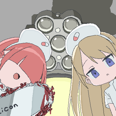 2girls :o armored_core blonde_hair blood blood_on_clothes blood_on_weapon blunt_bangs commentary_request covered_eyes dress expressionless from_below hair_over_eyes hat jaggy_lines jitome lamp lokulo_no_mawashimono long_hair looking_at_viewer lowres multiple_girls nurse_cap open_mouth original parody pill_print raised_eyebrows redhead sadoko_(lokulo_no_mawashimono) scene_reference short_hair short_sleeves smile surgical_light weapon white_dress yurika_a_lutwidge
