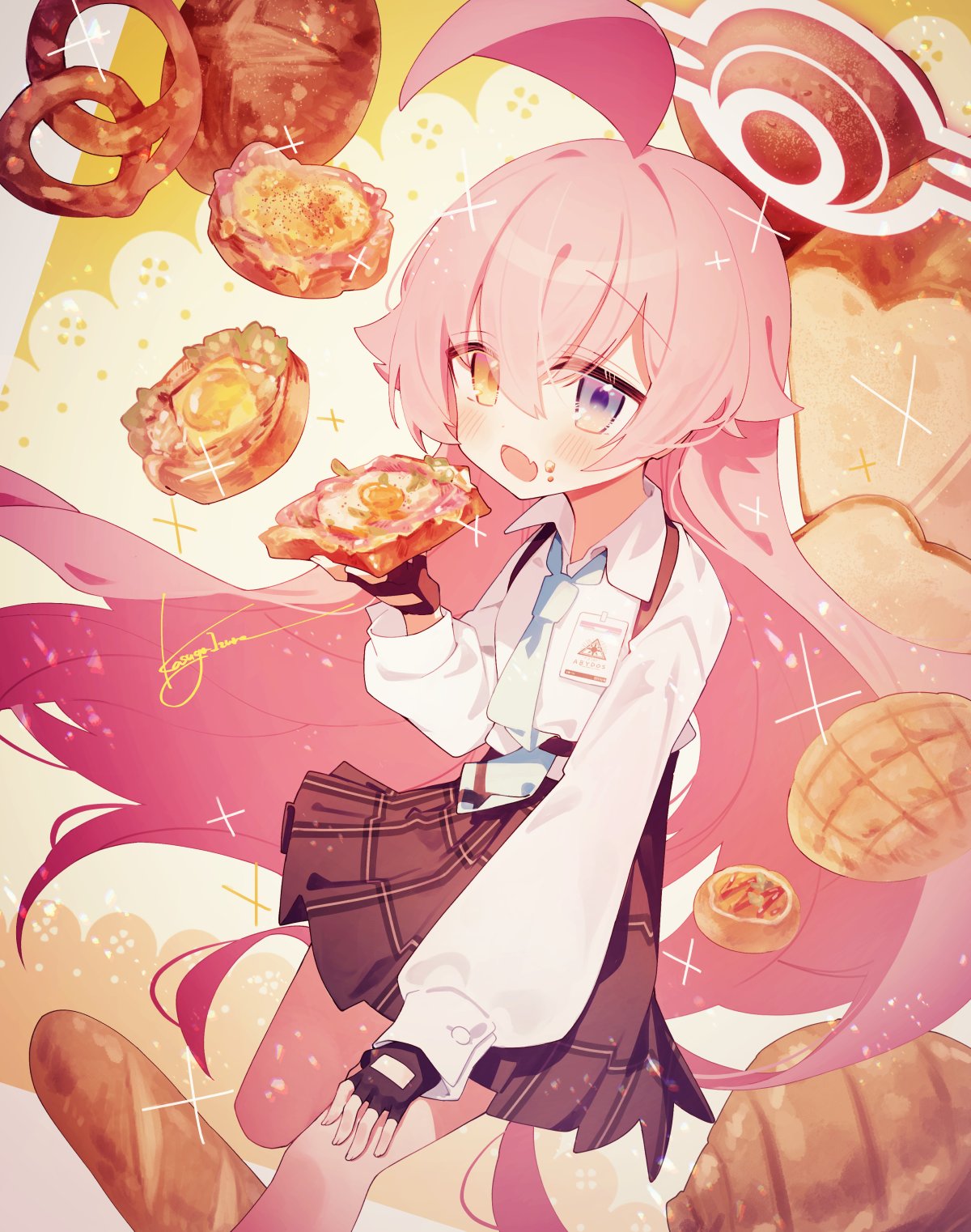 1girl :d ahoge black_gloves black_skirt blue_archive blue_eyes blue_necktie blush bread bread_bun bread_slice chest_harness collared_shirt crumbs fang feet_out_of_frame fingerless_gloves food gloves hair_between_eyes halo hand_on_own_leg harness heterochromia high-waist_skirt highres holding holding_food hoshino_(blue_archive) id_card kasuga_haruhi long_hair looking_at_viewer miniskirt necktie open_mouth pink_hair plaid plaid_skirt pleated_skirt pretzel shirt skin_fang skirt smile solo straight_hair white_shirt wing_collar yellow_eyes