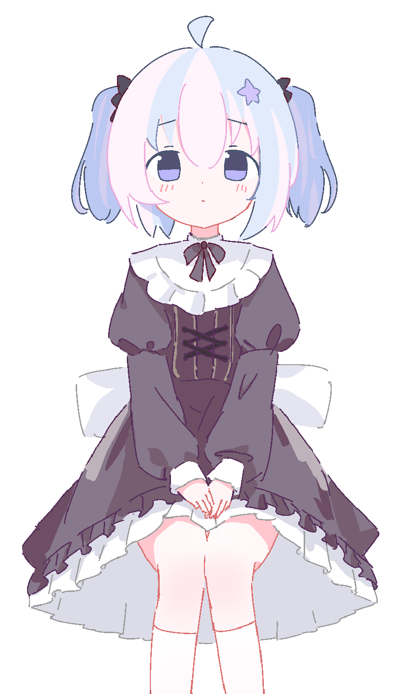 1girl ahoge black_dress blue_archive blue_hair blush bow dot_mouth dot_nose dress frilled_dress frills hair_between_eyes hair_bow hair_ornament hands_on_lap highres long_sleeves looking_at_viewer medium_dress medium_hair multicolored_hair neck_ribbon no_pupils own_hands_together pink_hair reisa_(blue_archive) ribbon sash simple_background sitting solo star_(symbol) star_hair_ornament takahasi_oso tareme twintails two-tone_hair violet_eyes white_background