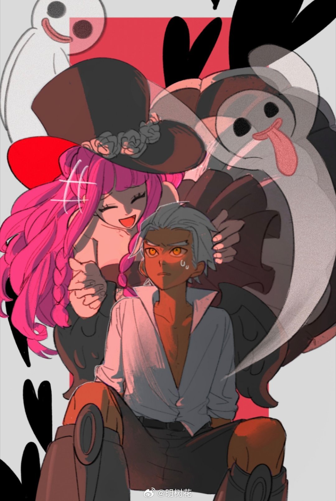 1boy 1girl age_difference aged_down black_wings dark-skinned_male dark_skin dress ghost hair_slicked_back hat highres holding long_hair male_focus one_piece open_mouth perona pink_hair s-hawk seraphim_(one_piece) shirt smile top_hat white_hair white_shirt wings yellow_eyes