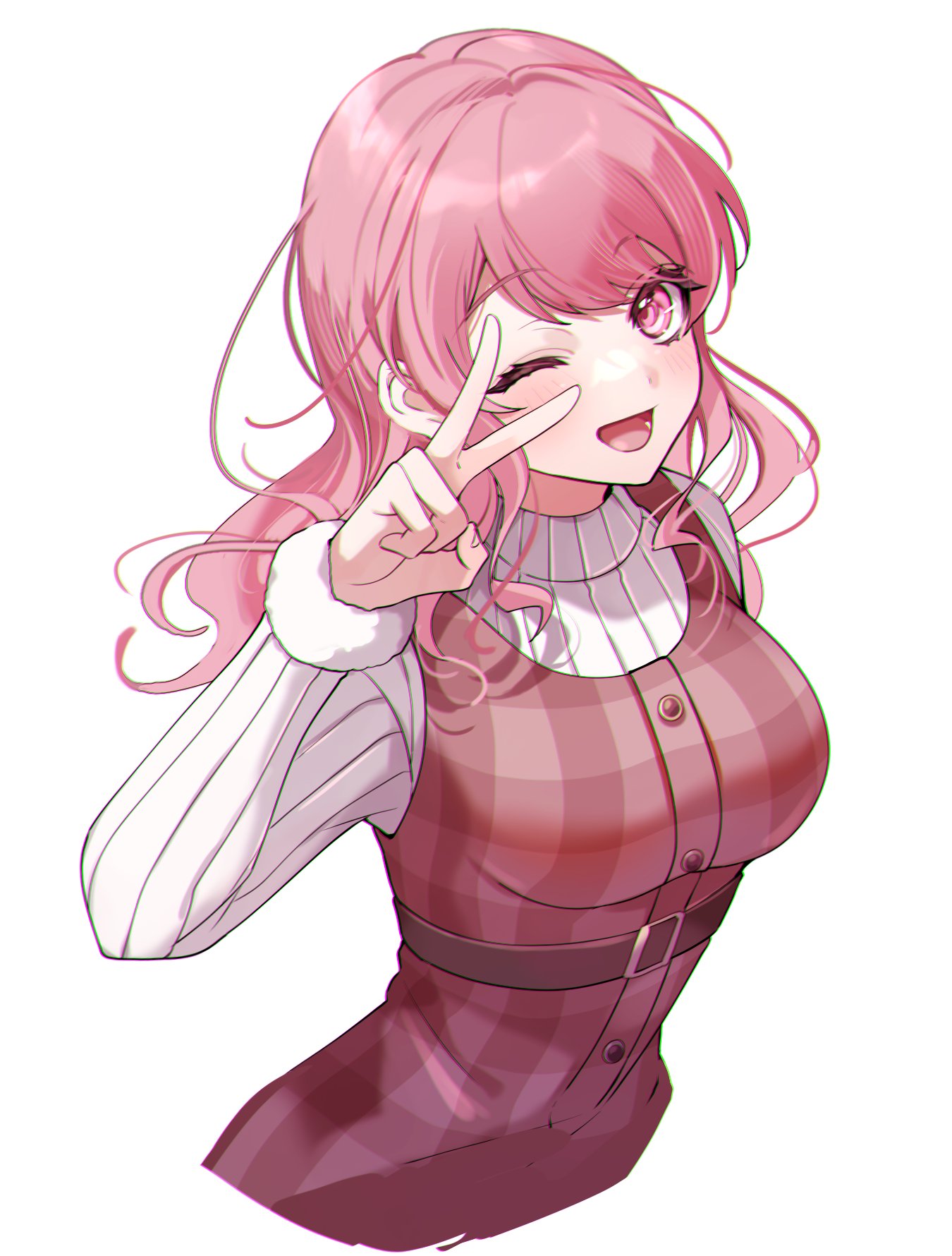 1girl ;d bang_dream! belt belt_buckle blush breasts brown_belt brown_dress buckle buttons chromatic_aberration commentary_request cropped_torso dress fur-trimmed_sleeves fur_trim hair_down hand_up highres long_hair long_sleeves looking_at_viewer maruyama_aya medium_breasts official_alternate_costume official_alternate_hairstyle one_eye_closed open_mouth pinafore_dress pink_eyes pink_hair plaid plaid_dress ribbed_sweater roko_(pe0e07) simple_background sleeveless sleeveless_dress smile solo standing sweater upper_body v v_over_eye wavy_hair white_background white_sweater