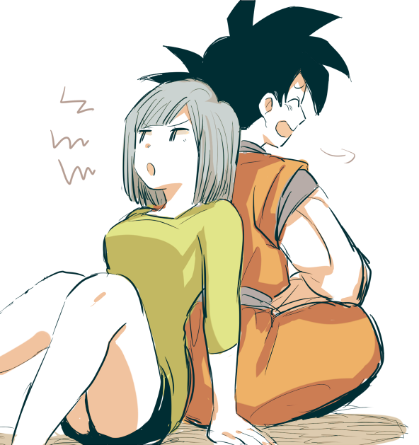 1boy 1girl annoyed arm_support arms_at_sides back-to-back bare_legs black_hair blue_eyes blue_hair blue_sash blunt_bangs bulma crossed_legs dot_nose dougi dragon_ball dragon_ball_z feet_out_of_frame furrowed_brow green_shirt happy knees_together_feet_apart laughing light_blush looking_back medium_hair neko_ni_chikyuu obi on_floor open_mouth orange_pants pants profile puff_of_air sash shadow shirt simple_background sitting son_goku spiky_hair spoken_squiggle squiggle v-shaped_eyebrows white_background