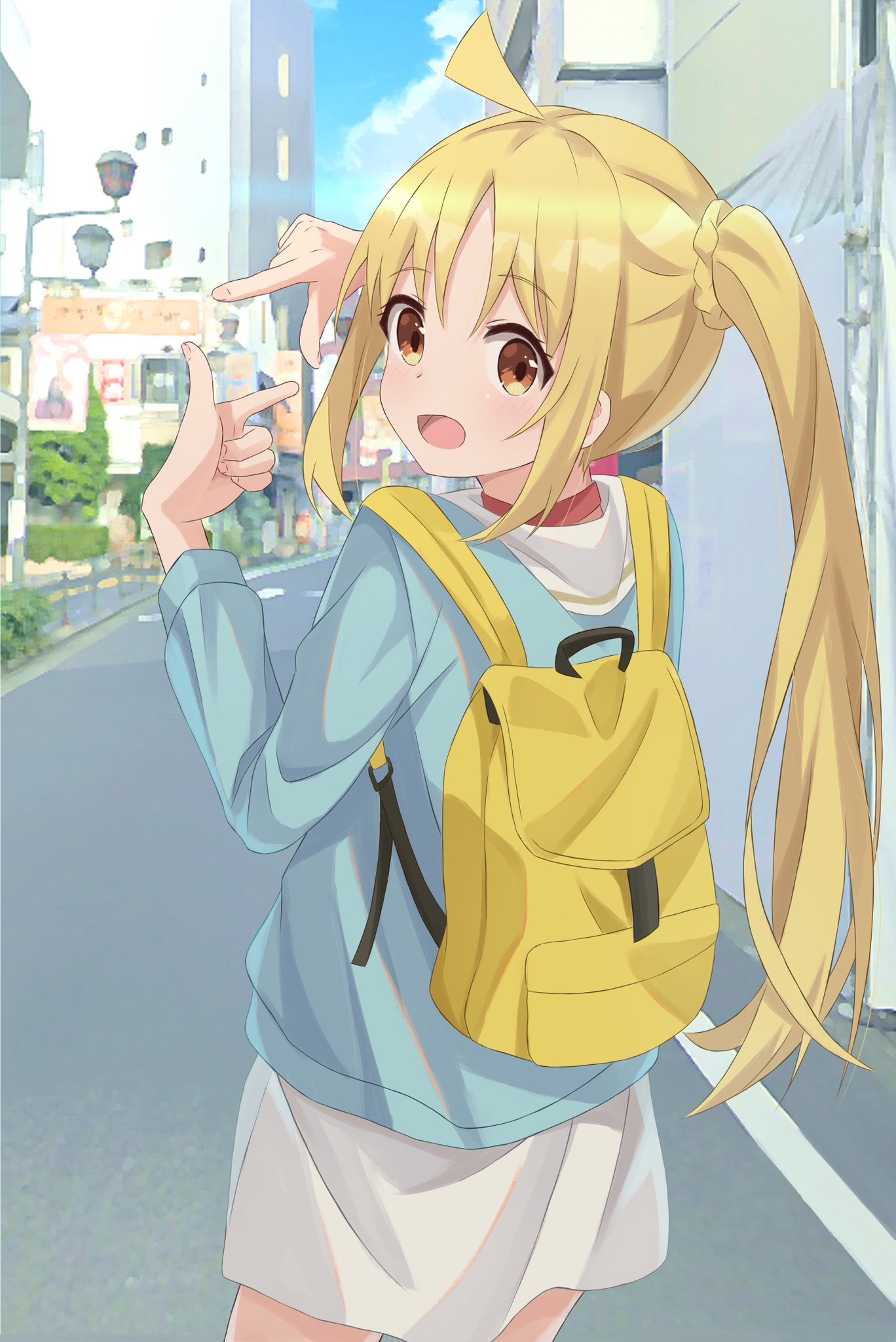 1girl :d ahoge backpack bag blonde_hair blue_shirt bocchi_the_rock! brown_eyes chinosuke_(cs4126) commentary_request cowboy_shot finger_frame hands_up highres ijichi_nijika long_hair long_sleeves looking_at_viewer looking_back open_mouth outdoors photo_background road shirt side_ponytail sidelocks skirt smile solo standing street white_skirt yellow_bag