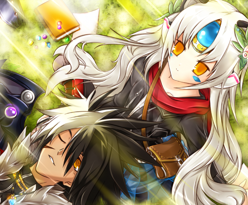 1boy 1girl alternate_costume black_hair book clairsh code:_nemesis_(elsword) elsword eve_(elsword) facial_mark forehead_jewel grass grey_hair hair_ornament jacket jewelry lap_pillow long_hair looking_at_viewer lying mechanical_ears multicolored_hair necklace on_back one_eye_closed raven_cronwell reckless_fist_(elsword) red_scarf scar scarf sitting smile spiky_hair two-tone_hair white_hair yellow_eyes