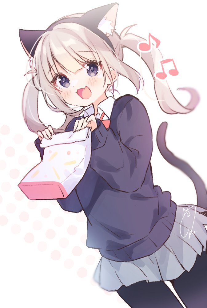 1girl :3 :d animal_ear_fluff animal_ear_hairband animal_ears artist_name bag black_eyes black_hairband black_pantyhose black_sweater blush bow bowtie cat_ear_hairband cat_ears cat_girl cat_tail collared_shirt commentary dress_shirt dutch_angle fake_animal_ears fang grey_skirt hairband holding holding_bag kisukekun long_hair long_sleeves looking_at_viewer loose_hair_strand mcdonald's musical_note open_mouth original pantyhose paper_bag pleated_skirt polka_dot polka_dot_background red_bow red_bowtie shakacat shaking shirt signature skirt sleeves_past_wrists smile solo sweater tail twintails w_arms white_background white_shirt