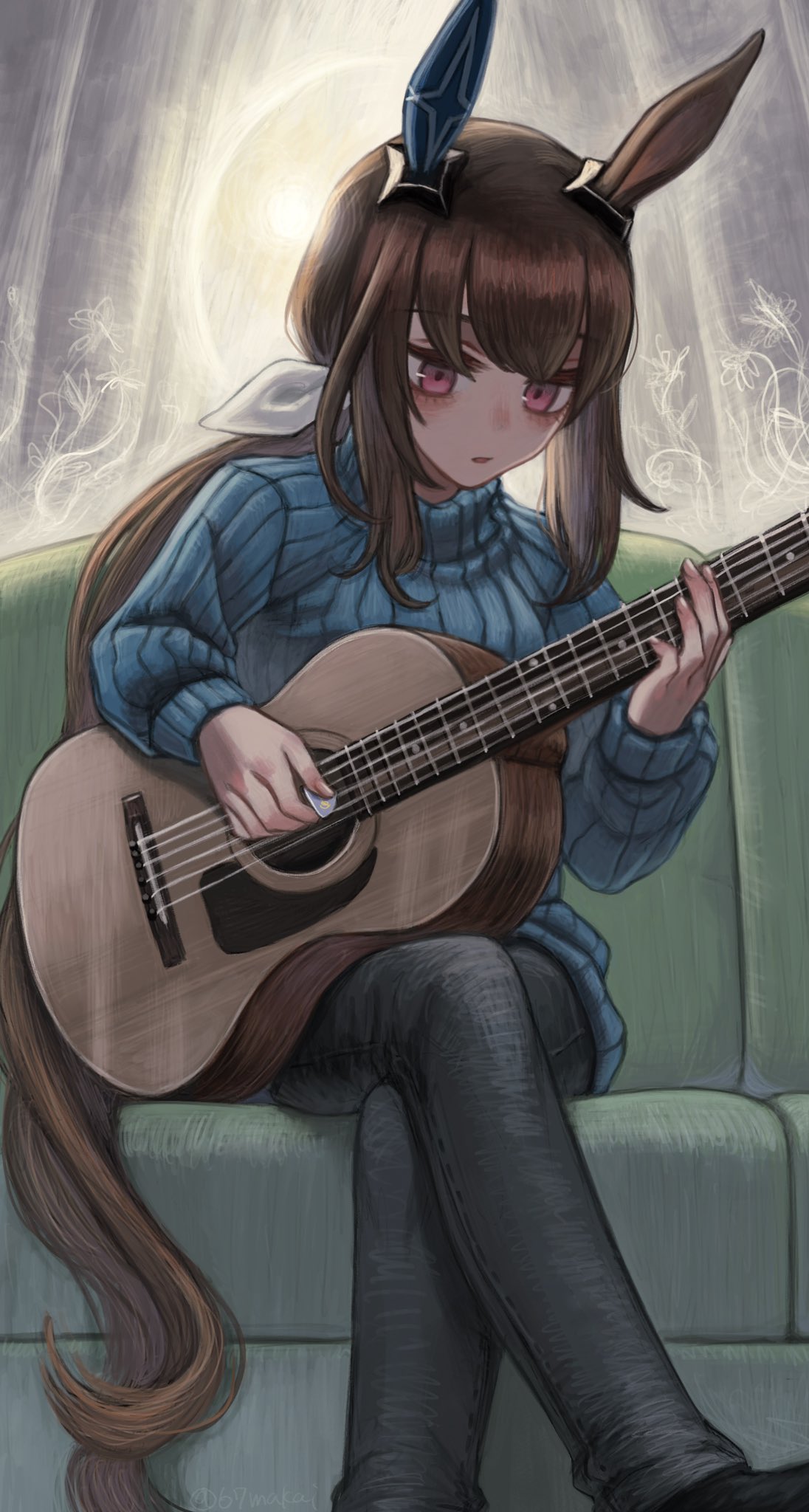 1girl admire_vega_(umamusume) animal_ears black_pants blue_sweater blush brown_hair couch crossed_legs curtains feet_out_of_frame highres holding holding_plectrum horse_ears horse_girl horse_tail indoors long_hair low_ponytail makai_(67makai) pants parted_lips playing_guitar plectrum sitting solo sweater tail umamusume violet_eyes