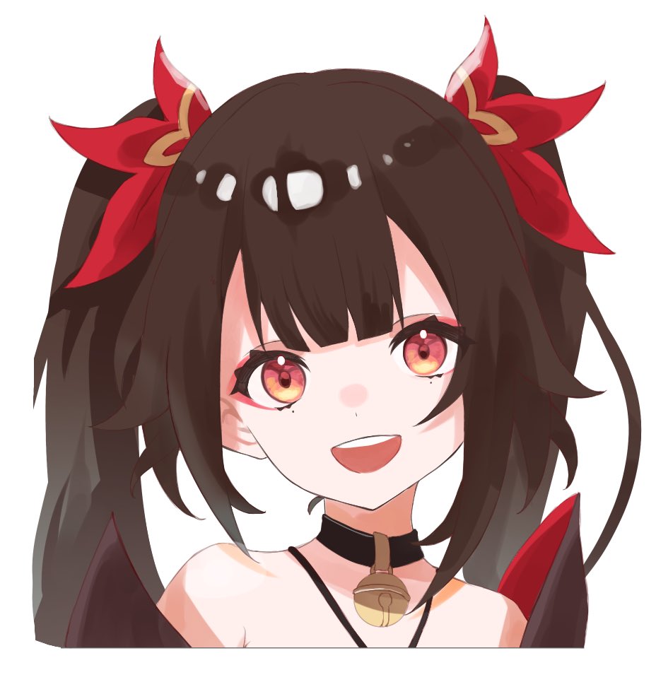 1girl :d bell black_choker bow brown_hair choker criss-cross_halter cropped_torso dot_nose hair_bow halterneck head_tilt honkai:_star_rail honkai_(series) long_hair looking_at_viewer neck_bell open_mouth pasta_(koorigasi_04) portrait red_bow red_eyes sidelocks simple_background smile solo sparkle_(honkai:_star_rail) straight-on teeth twintails upper_teeth_only white_background