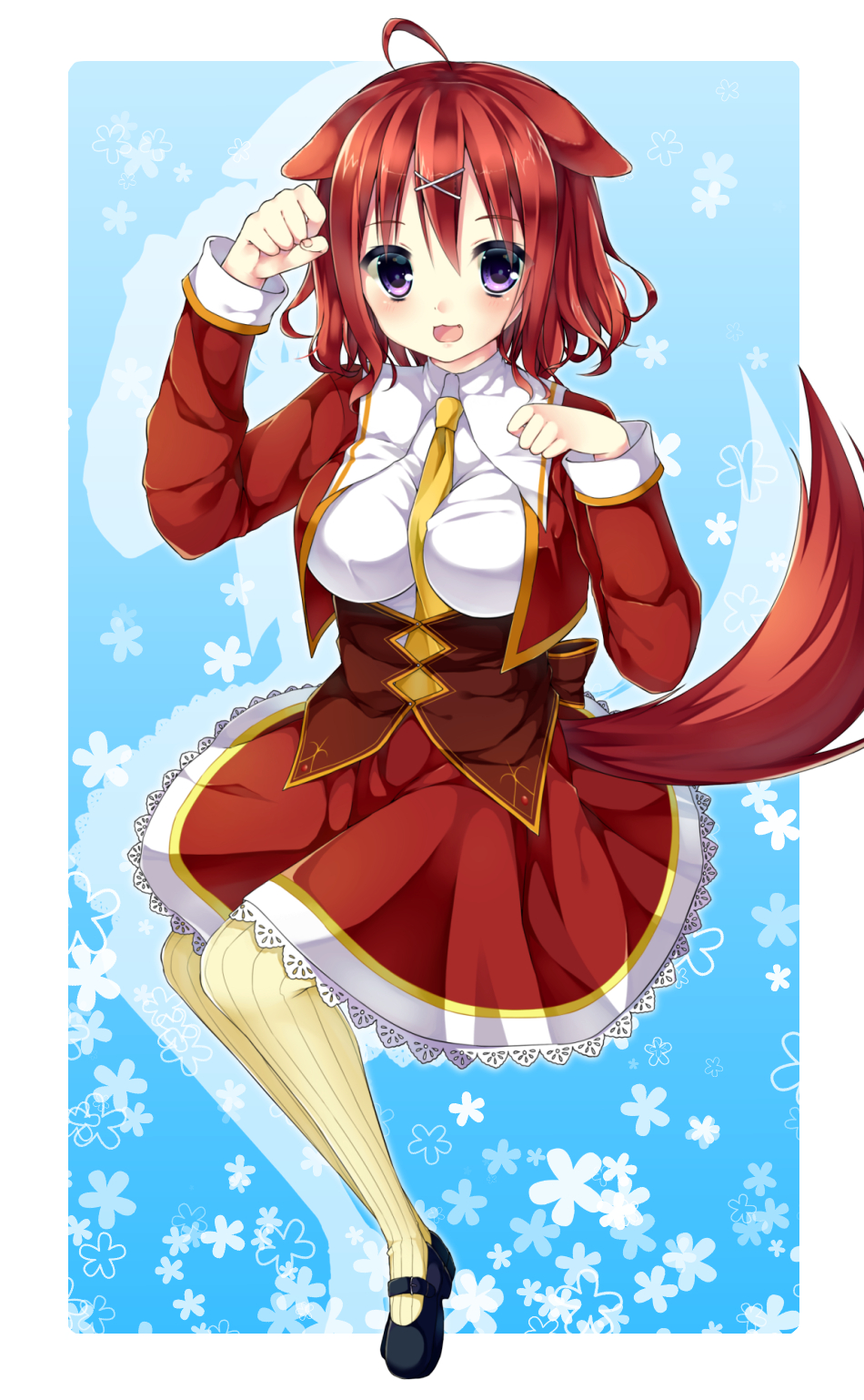 1girl :3 :d ahoge amairo_islenauts animal_ears between_breasts blue_background blush border breasts brown_corset commentary corset cropped_jacket dog_ears dog_girl dog_tail fang frilled_skirt frills full_body hair_between_eyes hair_ornament hands_up happy highres jacket large_breasts long_sleeves looking_at_viewer masaki_gaillard medium_hair necktie necktie_between_breasts okazaki_milte open_clothes open_jacket open_mouth paw_pose red_jacket red_skirt redhead school_uniform shirt simple_background sitting skirt smile solo striped_clothes striped_thighhighs tail thigh-highs vertical-striped_clothes vertical-striped_thighhighs violet_eyes white_border white_shirt x_hair_ornament yellow_necktie yellow_thighhighs