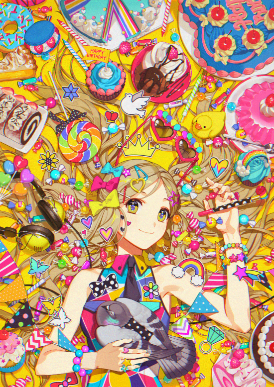 1girl alternate_costume animal aqua_bow banner bare_arms bare_shoulders bead_bracelet beads bidulgi bird birthday black_necktie blonde_hair bow bracelet breasts bug butterfly butterfly_ornament buttons cake candle candy cherry closed_mouth collared_dress commentary crown cupcake dessert doughnut dove dress english_text fingernails food fruit gelatin hair_bow hair_ornament hair_spread_out hairclip handa_roco happy_birthday headphones heart heart-shaped_eyewear holding holding_animal holding_bird icing idolmaster idolmaster_million_live! jewelry light_blush lollipop long_dress looking_at_viewer low_twintails lying medium_bangs medium_breasts messy multicolored_clothes multicolored_dress multiple_hair_bows necktie on_back parted_bangs pie pigeon pink-framed_eyewear pink_bow plate rainbow ring rubber_duck sleeveless sleeveless_dress smile solo sprinkles strawberry sunglasses swiss_roll toy twintails upper_body wavy_hair yellow_bow yellow_eyes