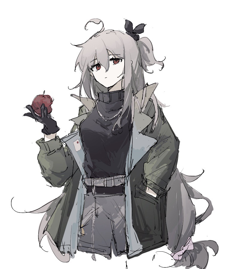 1girl ahoge apple arknights black_gloves black_sweater closed_mouth coat cropped_legs expressionless food fruit gloves green_coat grey_hair grey_shorts hair_between_eyes hand_in_pocket hand_up holding holding_food holding_fruit long_hair long_sleeves looking_at_viewer official_alternate_costume open_clothes open_coat qiming_zhen_de_hao_nan red_apple red_eyes shorts simple_background skadi_(arknights) skadi_(the_next_afternoon_tea)_(arknights) sketch solo sweater very_long_hair white_background