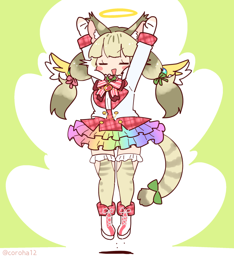 1girl angel angel_wings animal_ears arms_up boots bow bowtie cat_ears cat_girl cat_tail coroha extra_ears full_body gloves green_background grey_hair jacket jumping jungle_cat_(kemono_friends) kemono_friends kemono_friends_v_project long_hair microphone ribbon simple_background skirt solo tail thigh-highs twintails virtual_youtuber wings