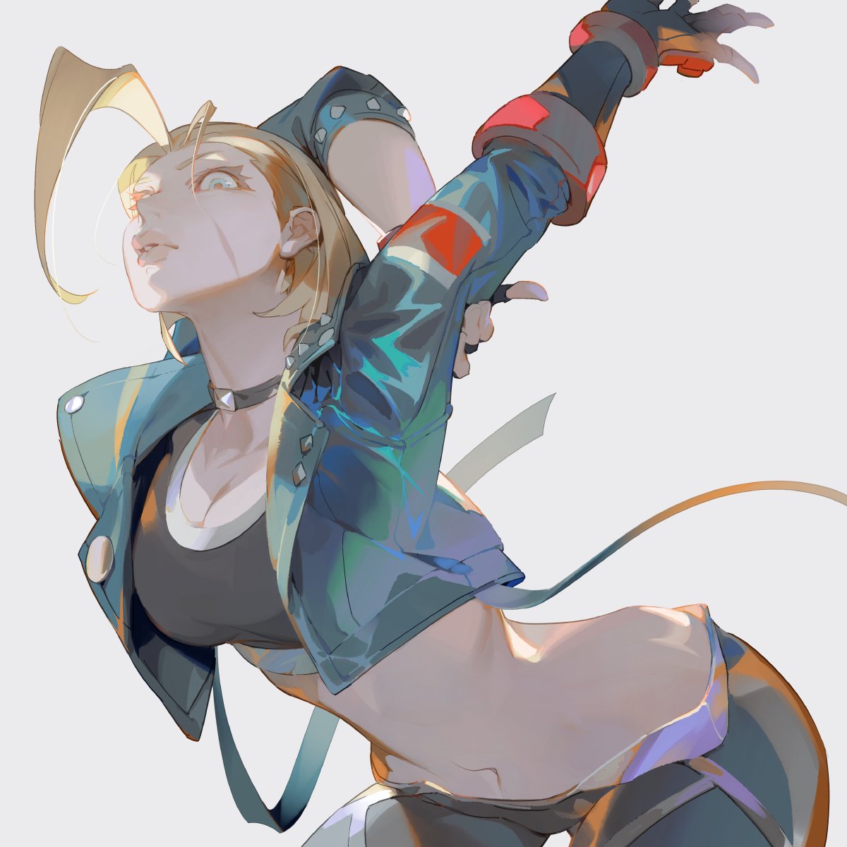 1girl ahoge arms_up black_gloves black_pants black_shirt blonde_hair blue_eyes blue_jacket cammy_white collar crop_top cropped_jacket gloves highres jacket leaning_forward looking_at_viewer looking_down lowleg lowleg_pants lucaxu1991 midriff navel pants parted_lips scar scar_on_face shirt short_hair simple_background solo street_fighter stretching thick_lips white_background