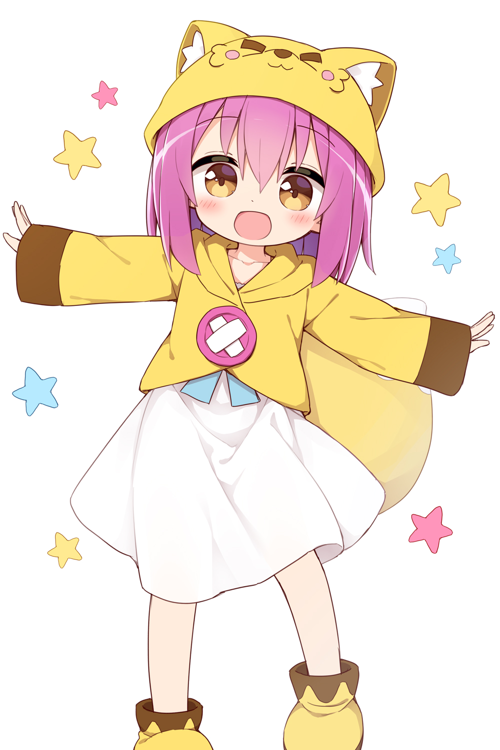 1girl :d animal_ear_fluff animal_ears animal_hat ayanepuna blush boots brown_eyes collarbone commentary_request dress fake_animal_ears hair_between_eyes hat highres hood hood_down hooded_jacket jacket long_sleeves looking_at_viewer original outstretched_arms purple_hair simple_background sleeves_past_wrists smile solo spread_arms standing starry_background white_background white_dress yellow_footwear yellow_headwear yellow_jacket
