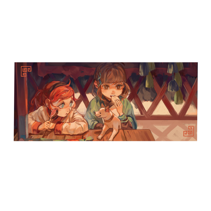 2girls arms_on_table black_collar black_hairband blue_eyes blue_ribbon brown_eyes brown_hair chinese_clothes chinese_commentary closed_mouth collar collared_shirt commentary_request dog eating eyelashes food food_request green_shirt green_sleeves hair_ribbon hairband holding holding_food holding_spoon hong_(hong11117) indoors light_smile long_hair long_sleeves looking_at_animal multiple_girls open_mouth original ponytail railing redhead ribbon shirt short_hair spoon table tassel teeth tress_ribbon upper_body upper_teeth_only white_background white_shirt white_sleeves