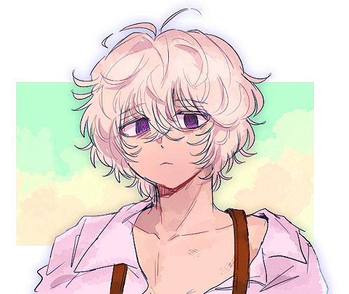 1boy alternate_costume bags_under_eyes chiimako closed_mouth expressionless gnosia grey_eyes grey_hair hair_between_eyes looking_at_viewer lowres male_focus messy_hair remnan_(gnosia) sad short_hair solo translation_request violet_eyes white_hair