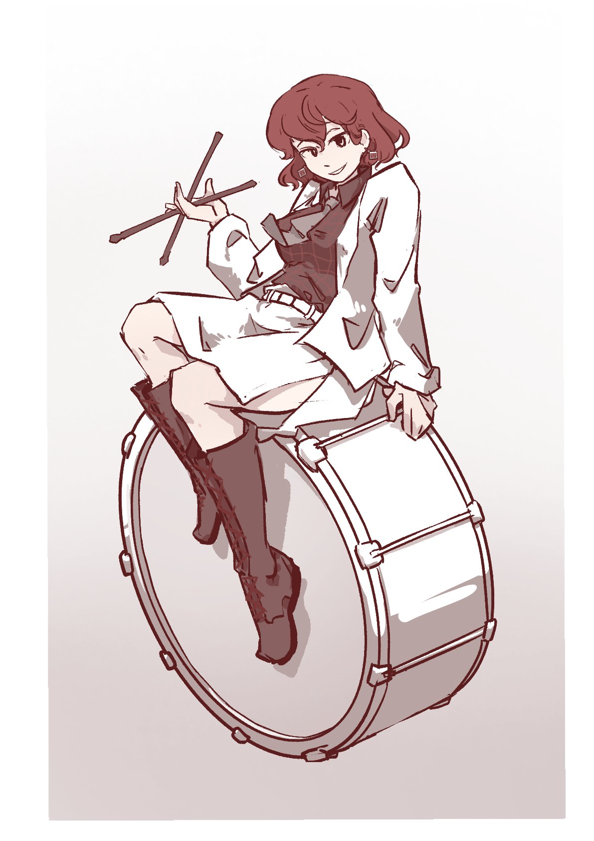 1girl black_footwear black_shirt boots collared_shirt commentary drum drumsticks english_commentary full_body gradient_background grey_background grey_necktie highres holding holding_drumsticks horikawa_raiko hyoutan_tan instrument jacket long_sleeves looking_at_viewer necktie red_eyes redhead shirt short_hair sitting sitting_on_drum skirt solo taiko_drum touhou white_jacket white_skirt