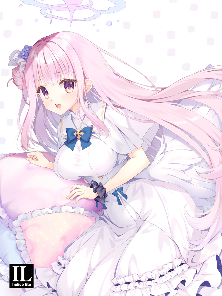 1girl :d blue_archive blue_flower blush breasts capelet commentary_request dress feathered_wings flower frilled_dress frilled_pillow frills hair_bun hair_flower hair_ornament halo large_breasts looking_at_viewer low_wings mika_(blue_archive) mitha pillow pink_hair simple_background single_side_bun smile solo violet_eyes white_background white_capelet white_dress white_wings wings