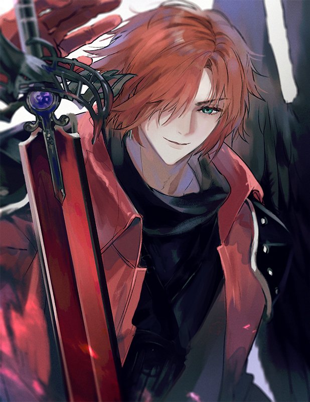1boy armor belt black_belt black_shirt black_wings brown_hair chest_strap coat commentary_request crisis_core_final_fantasy_vii feathered_wings final_fantasy final_fantasy_vii gem genesis_rhapsodos gloves green_eyes hair_over_one_eye hand_up high_collar holding holding_sword holding_weapon korean_commentary light_smile long_coat male_focus orinazal_cm pauldrons purple_gemstone red_coat red_gloves shirt short_hair shoulder_armor single_wing solo sword turtleneck_shirt upper_body weapon wings
