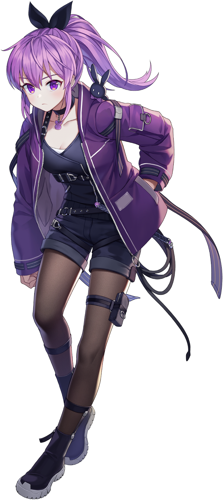 1girl boots bow breasts choker chrono_ark hair_bow hand_in_pocket hen-tie highres holding holding_weapon holding_whip huz_(chrono_ark) jacket light_frown looking_at_viewer medium_breasts non-web_source official_art open_clothes open_jacket pantyhose ponytail purple_hair shorts stuffed_animal stuffed_rabbit stuffed_toy transparent_background violet_eyes weapon