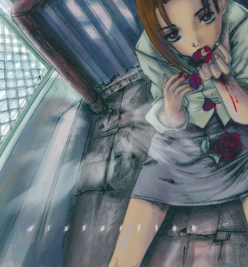 1girl abe_yoshitoshi blood blood_on_clothes blood_on_hands coughing_flowers flower iwakura_mika non-web_source red_flower red_rose rose