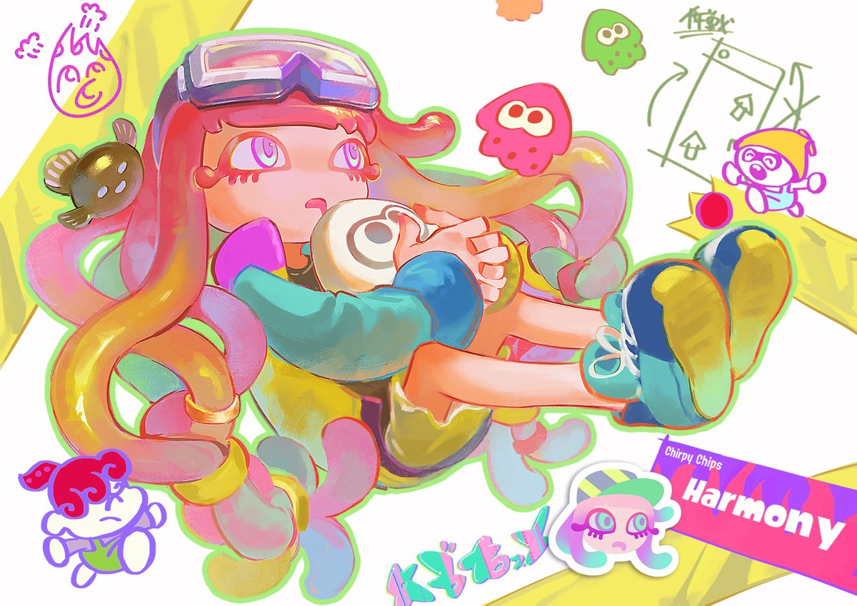 1girl black_shirt blonde_hair blue_footwear blue_hair colored_eyelashes drooling goggles goggles_on_head harmony's_clownfish_(splatoon) harmony_(splatoon) holding holding_stuffed_toy hood hoodie lilpong2 long_hair miniskirt multicolored_clothes multicolored_hair multicolored_hoodie open_mouth pink_eyes pink_hair shirt shoes skirt splashtag_(splatoon) splatoon_(series) splatoon_3 stuffed_squid stuffed_toy tentacle_hair very_long_hair yellow_skirt
