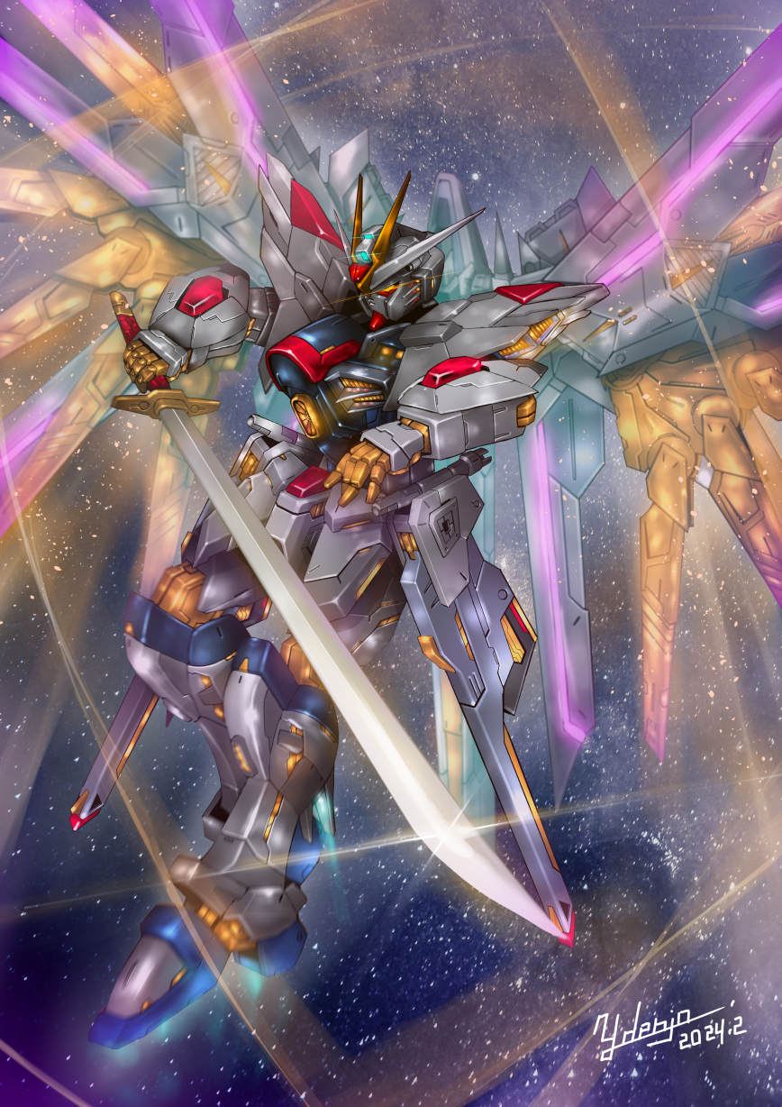 artist_name dated denjyou23 eye_trail glowing glowing_eyes gundam gundam_seed gundam_seed_freedom highres holding holding_sword holding_weapon katana light_trail mecha mechanical_wings mighty_strike_freedom_gundam orange_eyes robot science_fiction solo space star_(sky) sword v-fin weapon wings