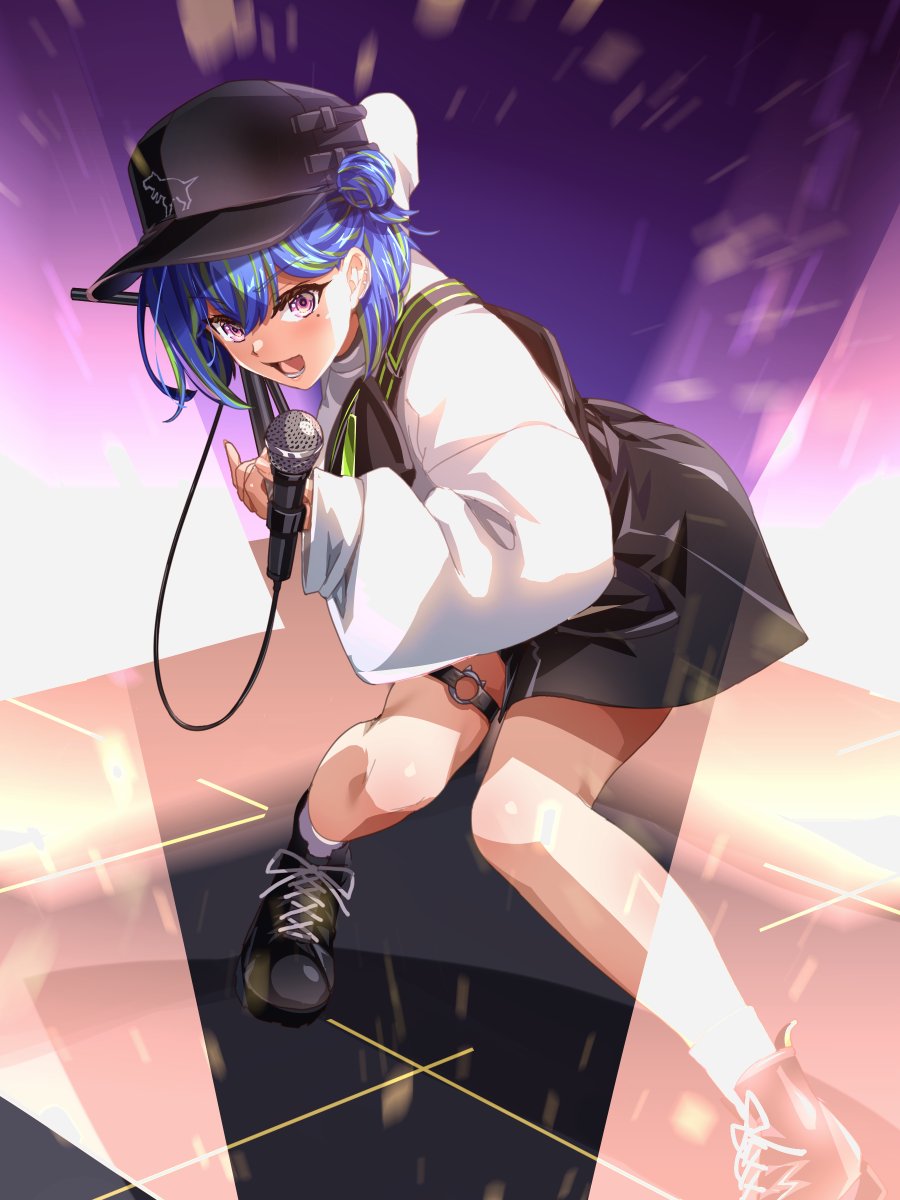 1girl baseball_cap black_footwear black_headwear black_shorts blue_hair blush boots commentary_request double_bun fanny_pack full_body green_hair hair_between_eyes hair_bun hat high-waist_shorts highres holding holding_microphone long_sleeves looking_at_viewer medium_bangs microphone mole mole_under_eye motion_blur multicolored_hair nanashi_inc. official_alternate_costume open_mouth pink_eyes purple_background short_hair shorts socks solo squatting stage suzumi_nemo suzumi_nemo_(2nd_costume) sweater tomo_tomotosix two-tone_hair virtual_youtuber white_socks white_sweater