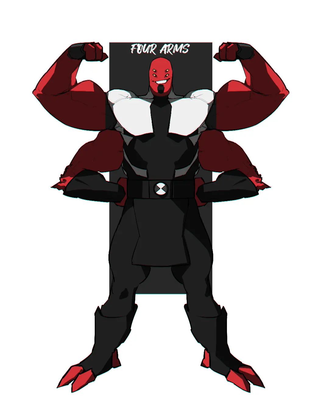 1boy alien alternate_design bald ben_10 biceps colored_skin double_biceps_pose extra_arms extra_eyes flexing four_arms full_body grin highres large_pectorals liyamou looking_at_viewer male_focus monster_boy muscular muscular_male pectorals red_skin smile solo standing thighs two-tone_background