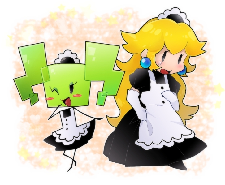 2girls alternate_costume apron blonde_hair blue_eyes blurry blush_stickers breasts chibi chiimako colored_skin depth_of_field earrings enmaided green_skin heart jewelry long_hair maid maid_apron maid_headdress mimi_(paper_mario) multiple_girls one_eye_closed open_mouth paper_mario princess_peach puffy_short_sleeves puffy_sleeves short_sleeves super_mario_bros. super_paper_mario sweatdrop